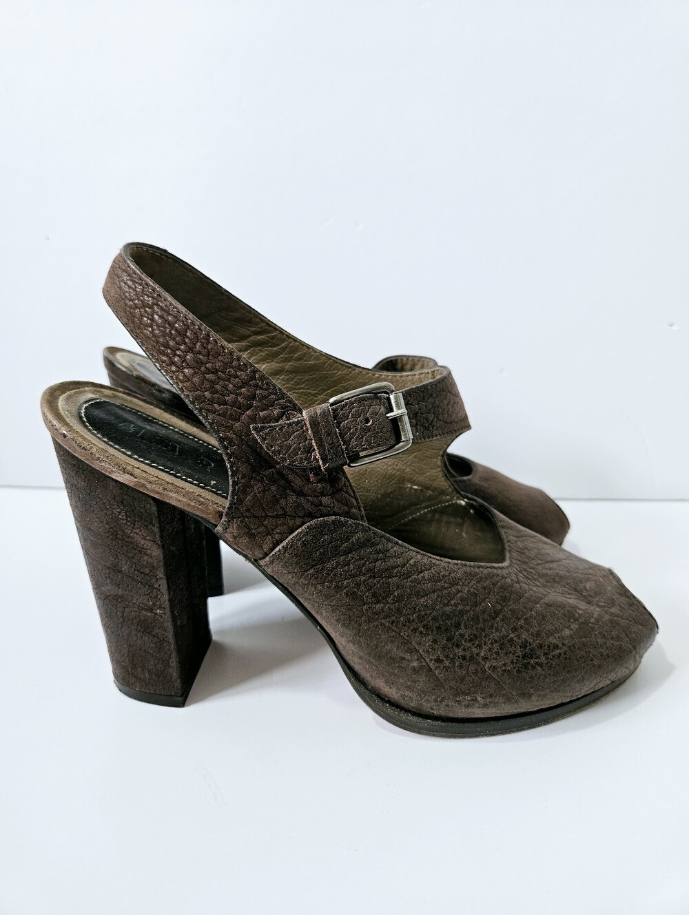 Marni Peep Toe Slingback Heels Size 38.5 US 8.5 Brown Leather